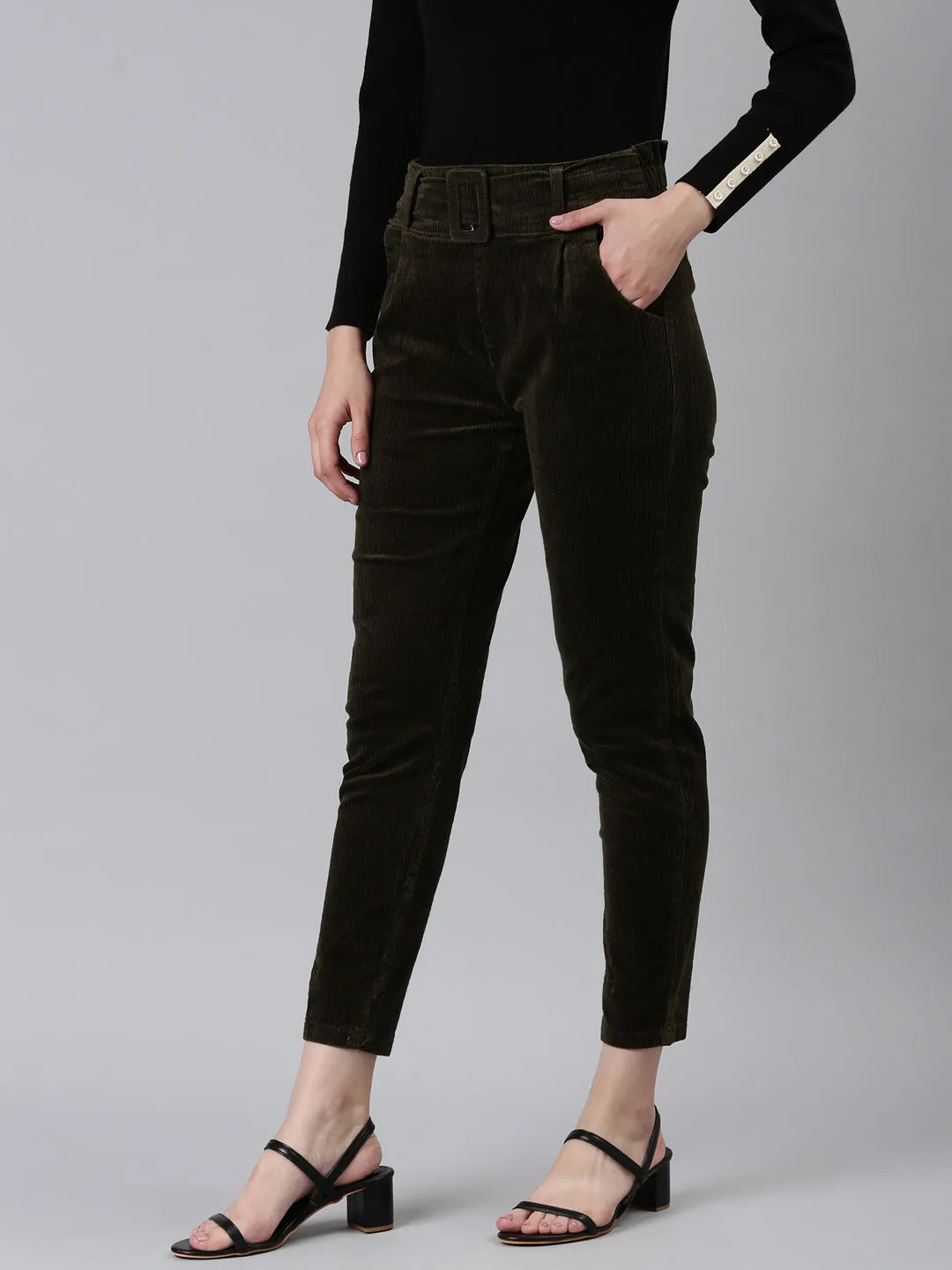 Women Olive Solid Peg Trouser