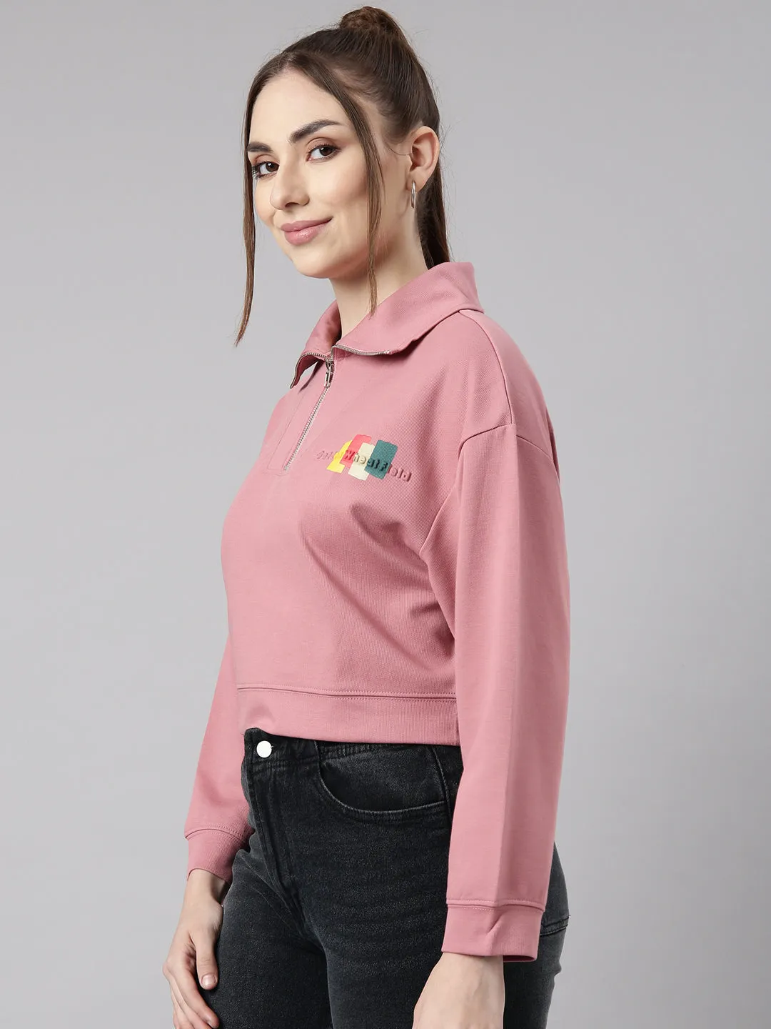 Women Peach Solid Front-Open Oversized Crop Sweatshirt