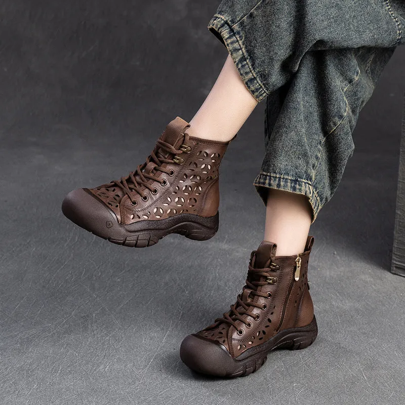 Women Retro Breathable Hollow Leather Casual Boots