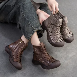 Women Retro Breathable Hollow Leather Casual Boots