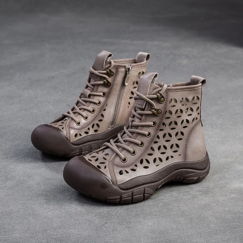 Women Retro Breathable Hollow Leather Casual Boots