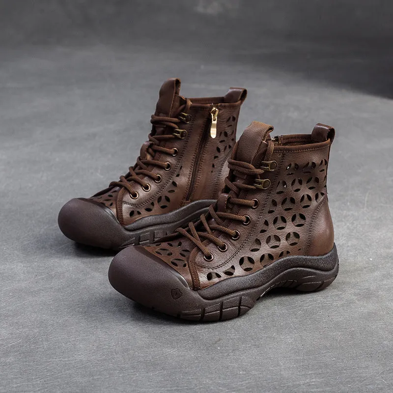 Women Retro Breathable Hollow Leather Casual Boots