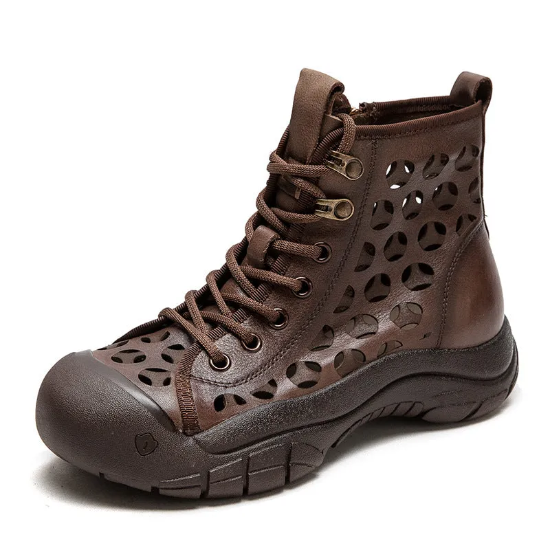 Women Retro Breathable Hollow Leather Casual Boots