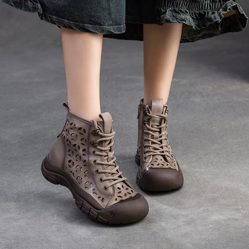 Women Retro Breathable Hollow Leather Casual Boots