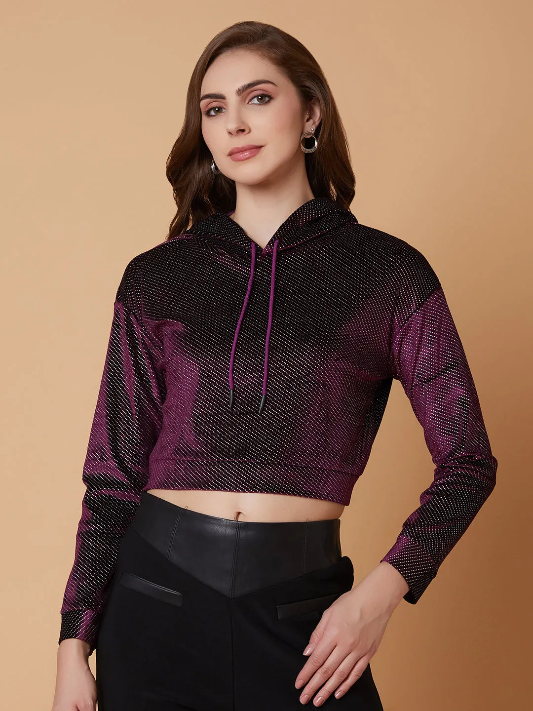 Women Solid Purple Drop Shoulder Crop Pullover