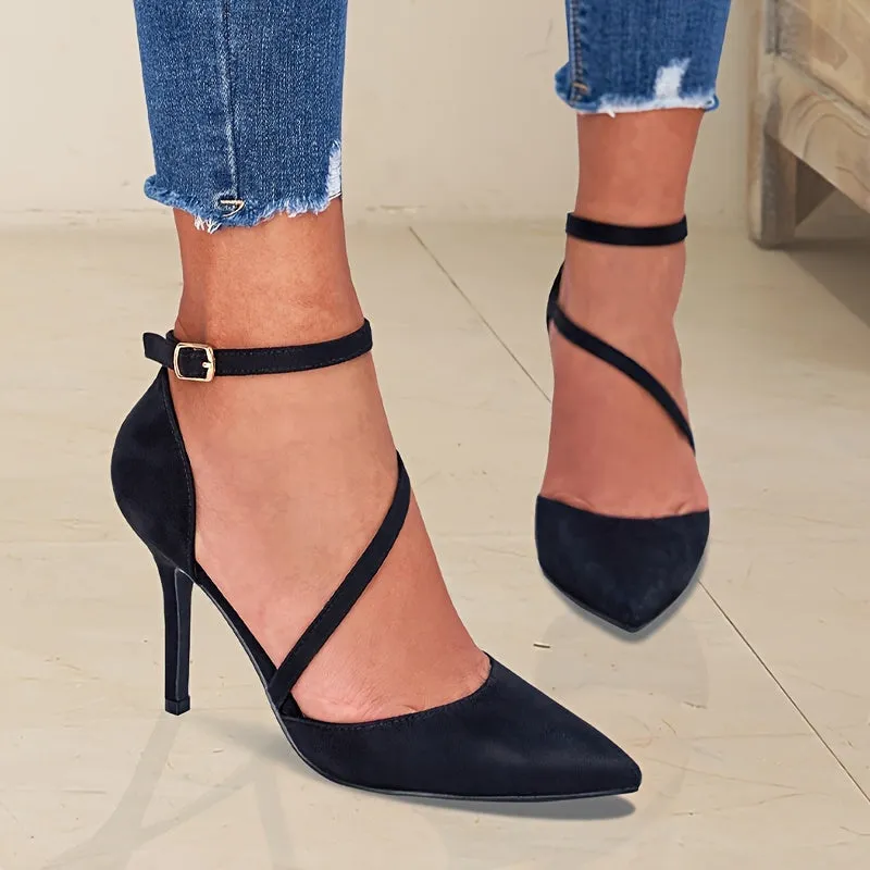 Women's Breathable Stiletto Sandals Pointed Toe Ankle Strap Solid Color Pumps