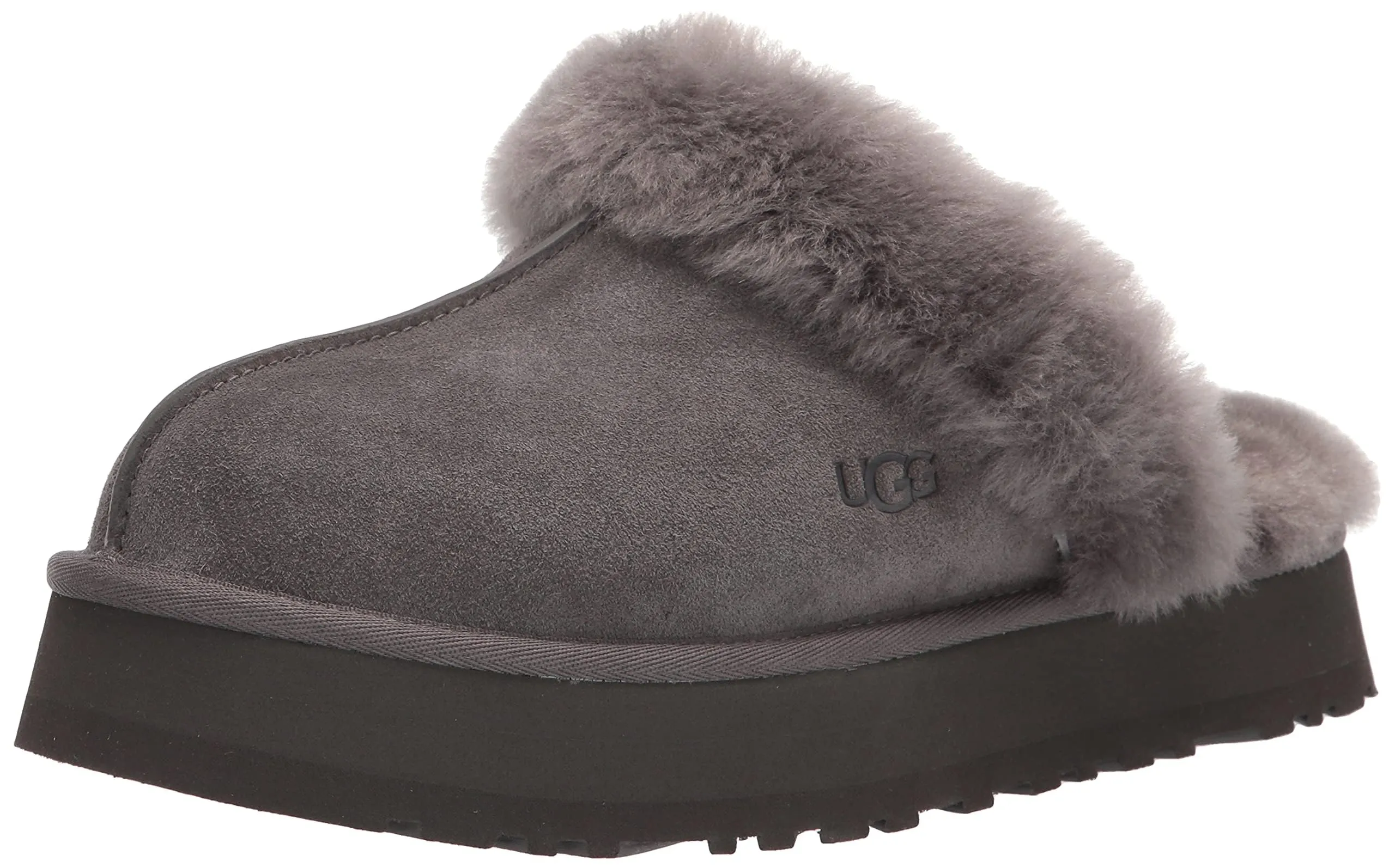 Women's Shoes UGG DISQUETTE Platform Sheepskin & Suede Slippers 1122550 CHARCOAL