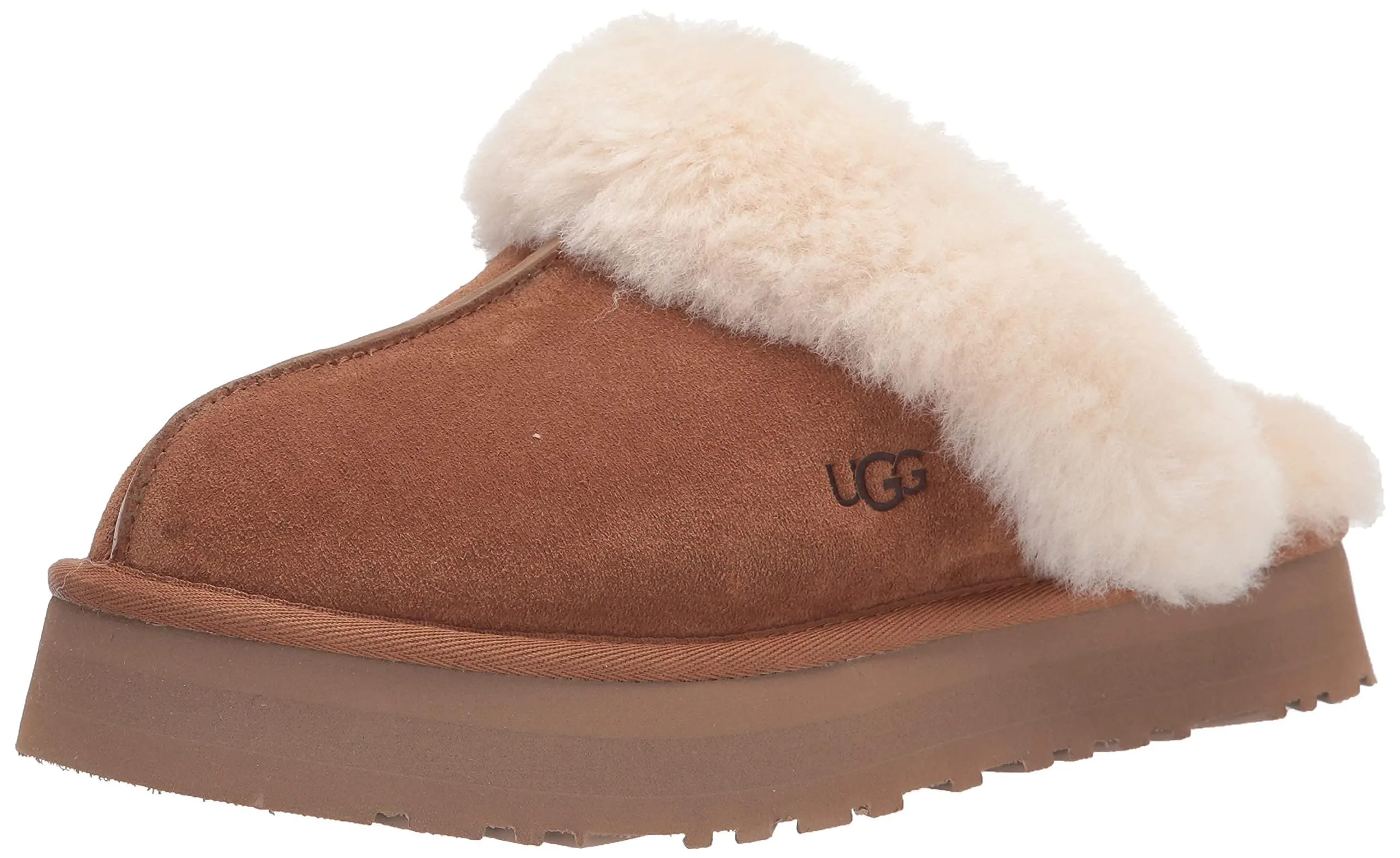 Women's Shoes UGG DISQUETTE Platform Sheepskin & Suede Slippers 1122550 CHESTNUT