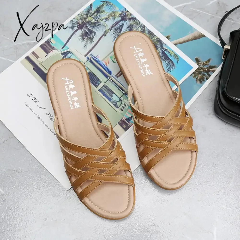 Xajzpa - Big Size Outside Wear Slippers Women 2023 New Summer Shoes Flat Shoes Hollow Soft Wedge with Mother Skin Slippers